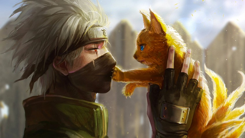 Kakashi & Nine Cat Naruto Shippuuden Anime 8K Wallpaper
