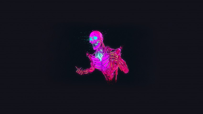 Neon Robot Skull Retrowave Artwork 5K Wallpaper