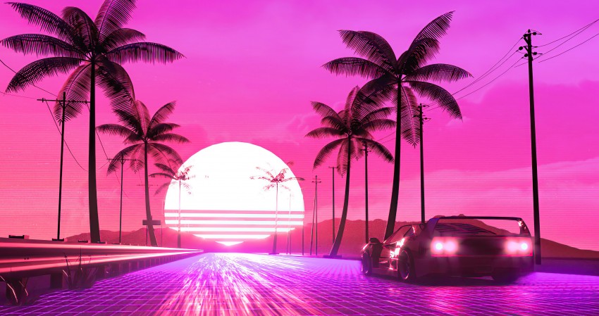 Retrowave 80s Car sun 4K Wallpaper